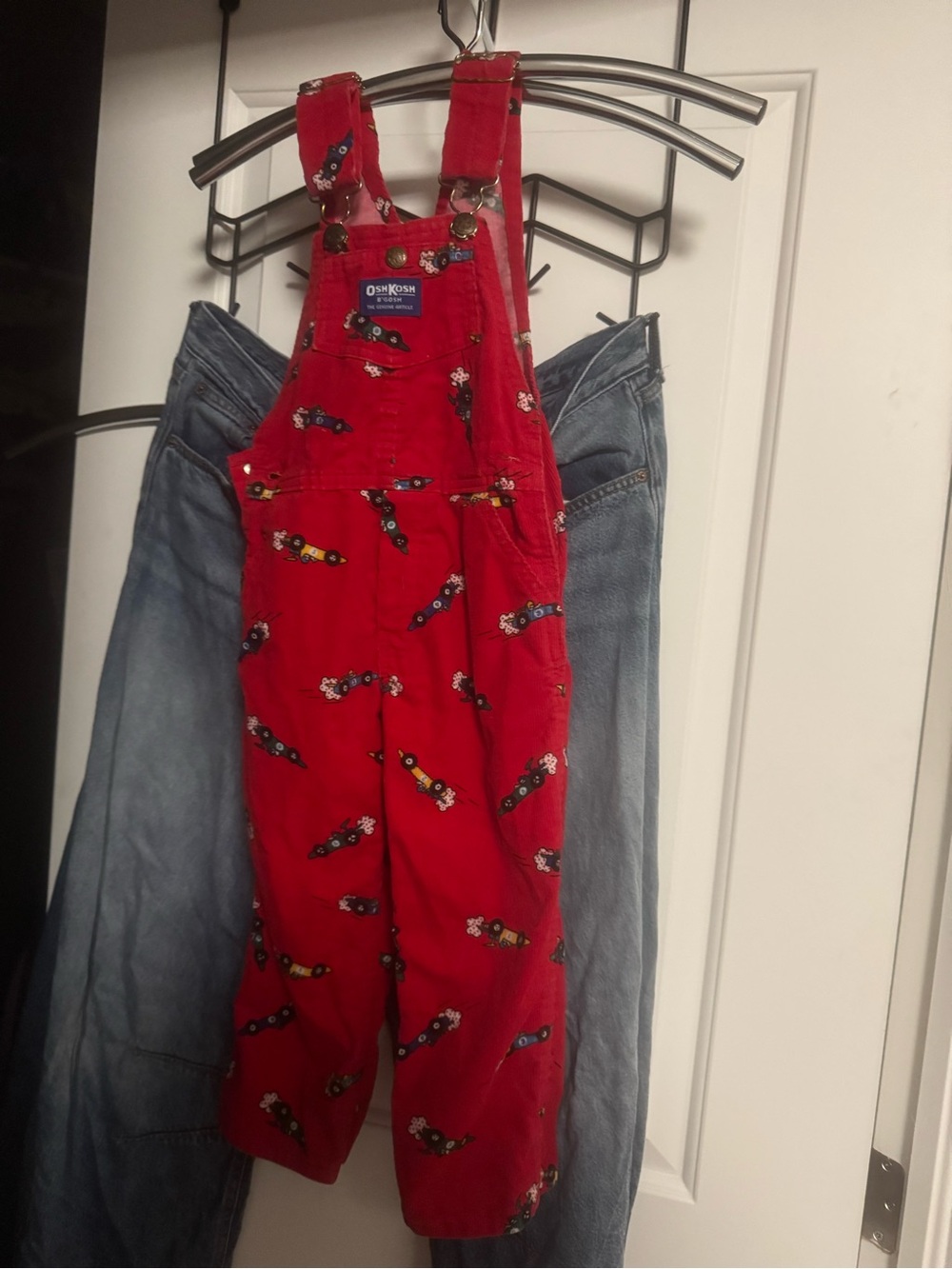 Vintage OshKosh B'gosh corduroy Red Toddler Overalls with Car Print